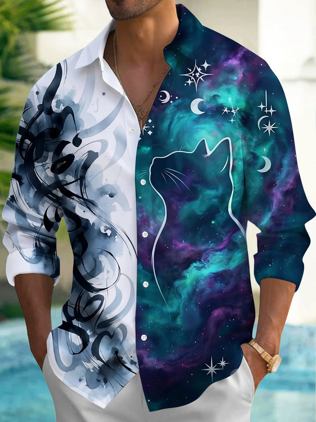 Adaychic Men's Graphic Cat Silhouette And Nebula Print Long Sleeve Shirt with Chest Pocket
