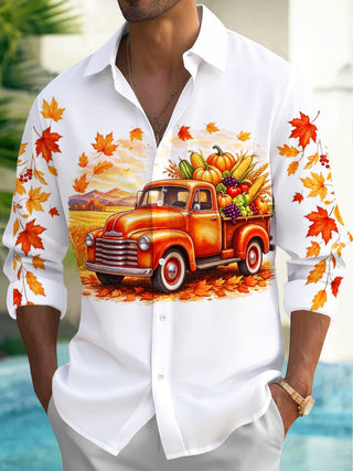 Adaychic Men's Long Sleeve Shirt - Thanksgiving Vintage Truck With Harvest Produce Print with Chest Pocket