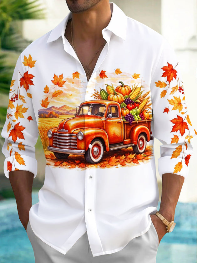 Adaychic Men's Long Sleeve Shirt - Thanksgiving Vintage Truck With Harvest Produce Print with Chest Pocket