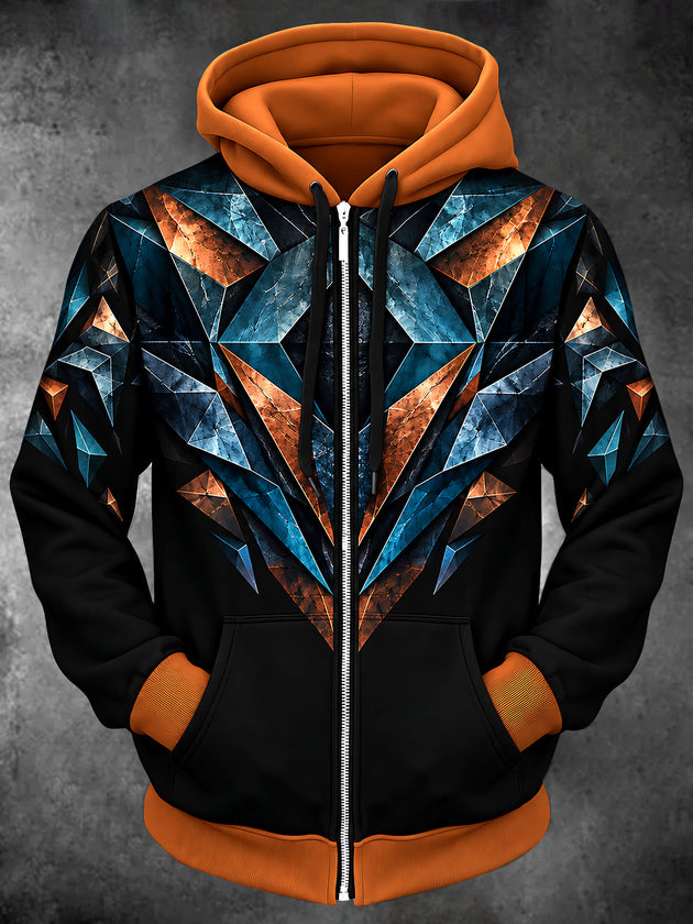 Adaychic Men's Long Sleeve Zip-Up Hoodie - Geometric Crystal And Copper Facets Print