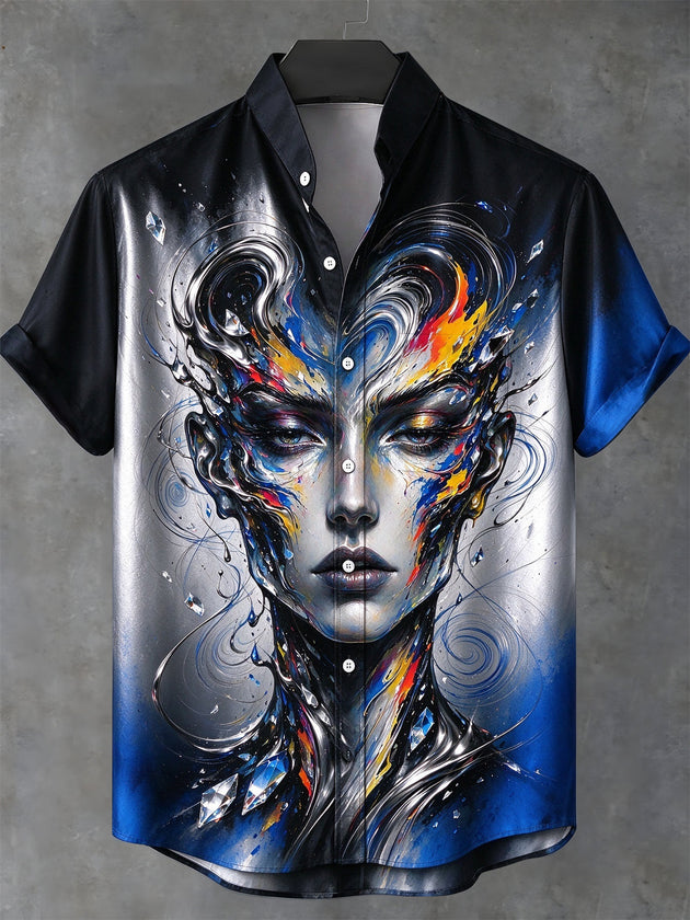 Adaychic Men's Short Sleeve Stand Collar Shirt - Abstract Surreal Face With Swirls And Crystals Print with Chest Pocket