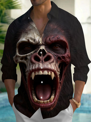 Adaychic Men's Graphic 3D Orangutan Skull And Face Print Long Sleeve Shirt with Chest Pocket