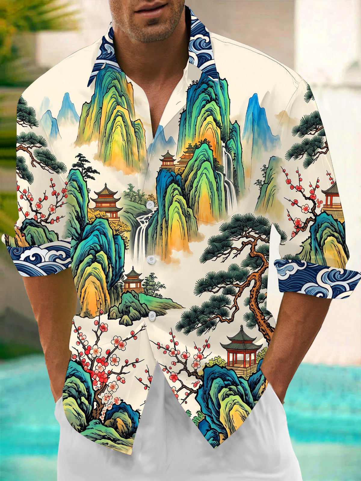 Adaychic Men's Long Sleeve Shirt - Asian Landscape With Mountains And Waterfalls Print with Chest Pocket