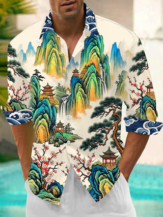Adaychic Men's Long Sleeve Shirt - Asian Landscape With Mountains And Waterfalls Print with Chest Pocket
