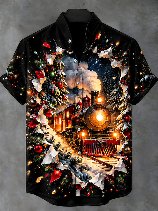 Adaychic Men's Christmas Steam Train And Snowy Forest Print Short Sleeve Shirt with Chest Pocket