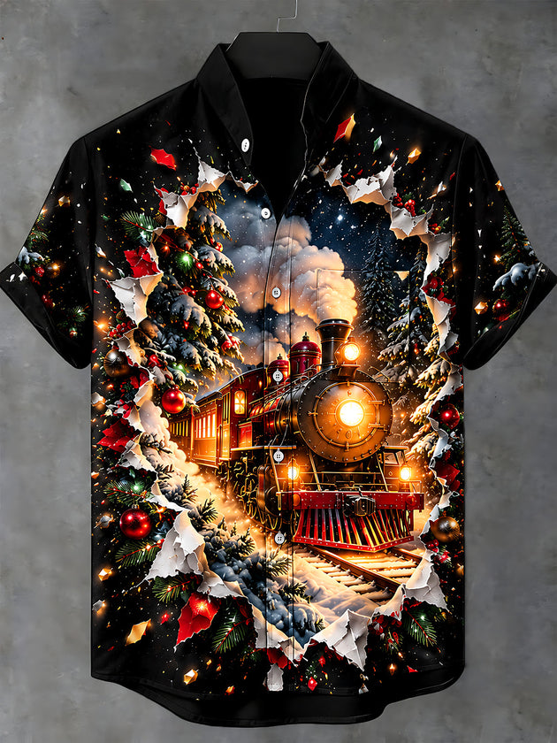 Adaychic Men's Christmas Steam Train And Snowy Forest Print Short Sleeve Shirt with Chest Pocket