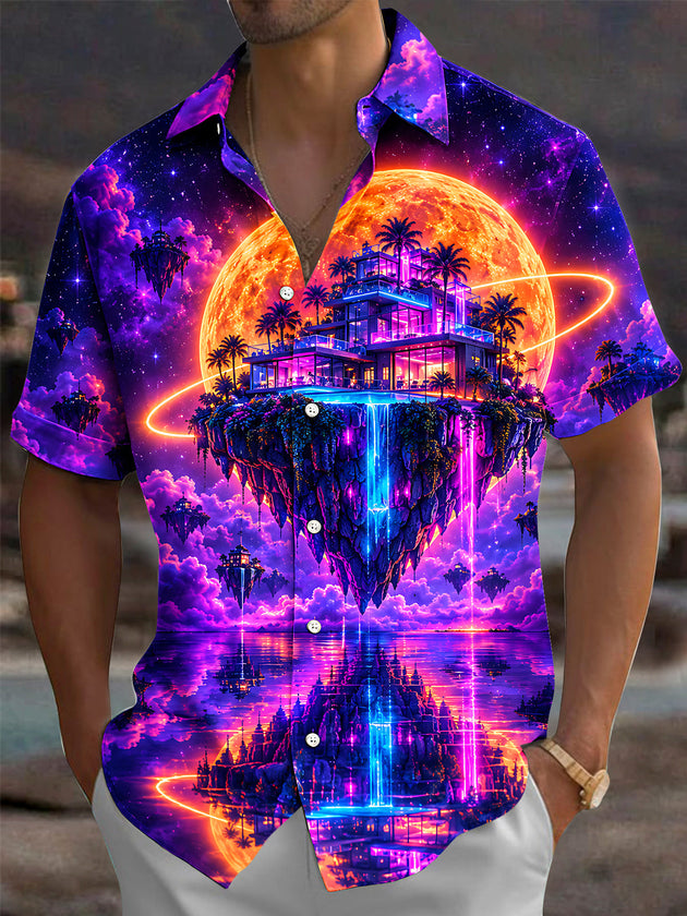 Adaychic Men's Short Sleeve Shirt - Floating Island With Modern Villa And Palm Trees Print with Chest Pocket