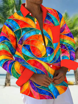 Adaychic Men's Long Sleeve Shirt - Abstract Swirling Rainbow Patterns With Gold Lines Print with Chest Pocket