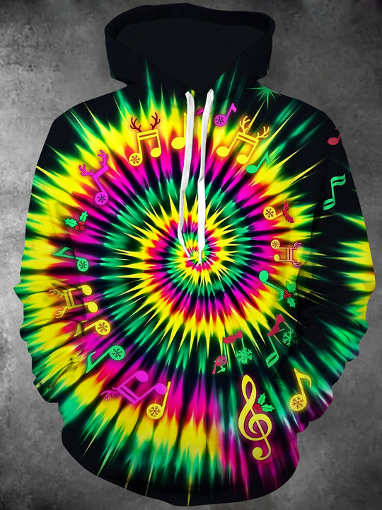 Adaychic Men's Long Sleeve Hoodie - Tie Dye Spiral With Christmas Musical Notes And Reindeer Antlers Print