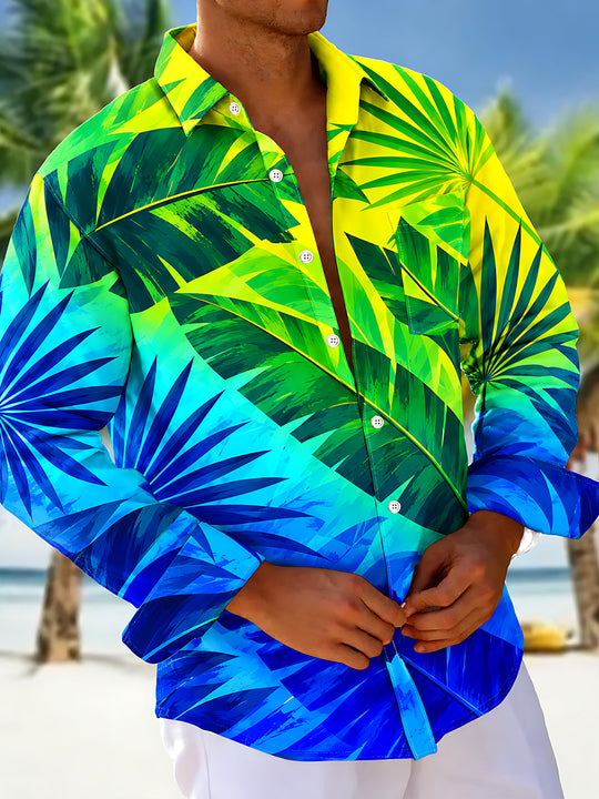 Adaychic Men's Tropical Palm Leaves And Plant Foliage Print Long Sleeve Shirt with Chest Pocket