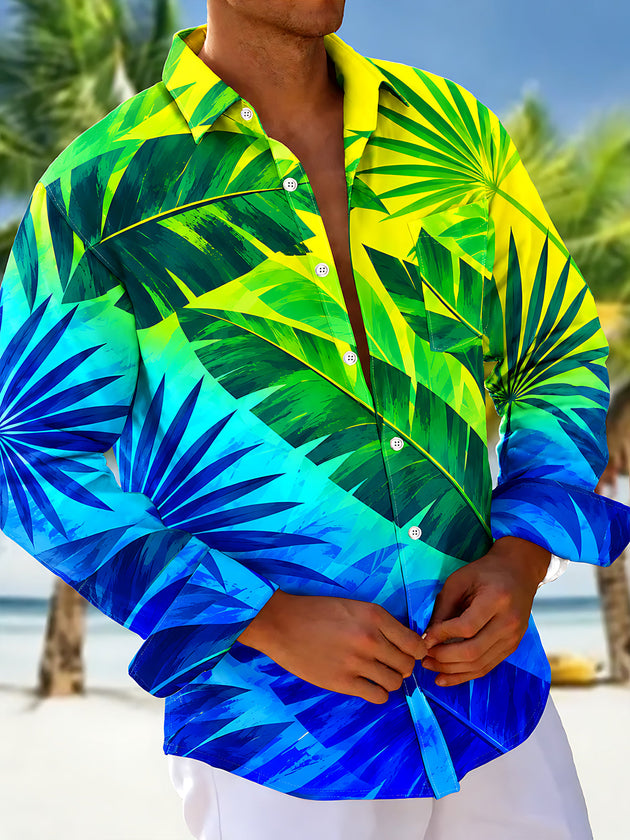 Adaychic Men's Tropical Palm Leaves And Plant Foliage Print Long Sleeve Shirt with Chest Pocket