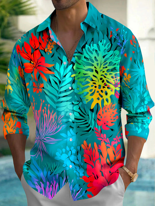 Adaychic Men's Hawaiian Tropical Leaves And Flowers Print Long Sleeve Shirt with Chest Pocket