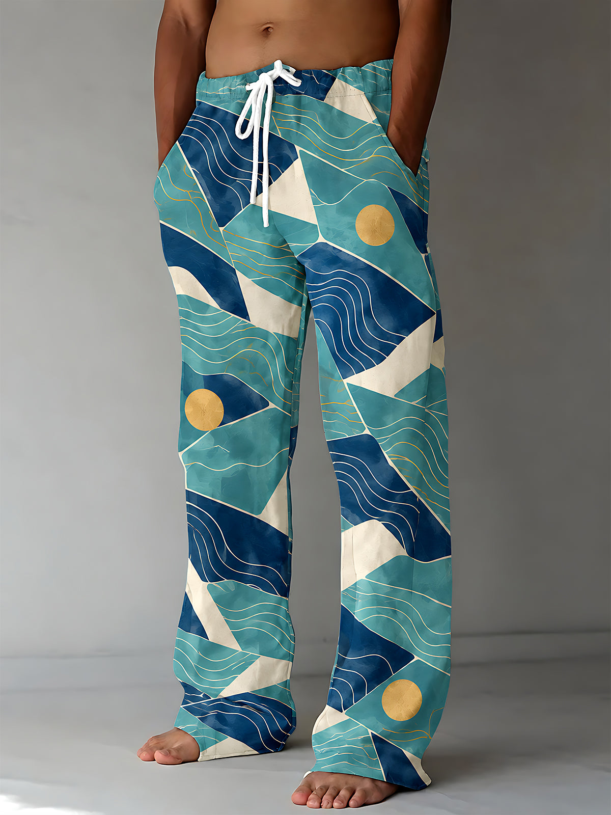 Adaychic Men's Patterned Abstract Geometric Waves And Circles Print Pants