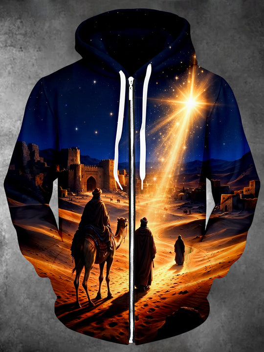 Adaychic Men's Long Sleeve Zip-Up Hoodie - Three Wise Men And Camel In Desert Print