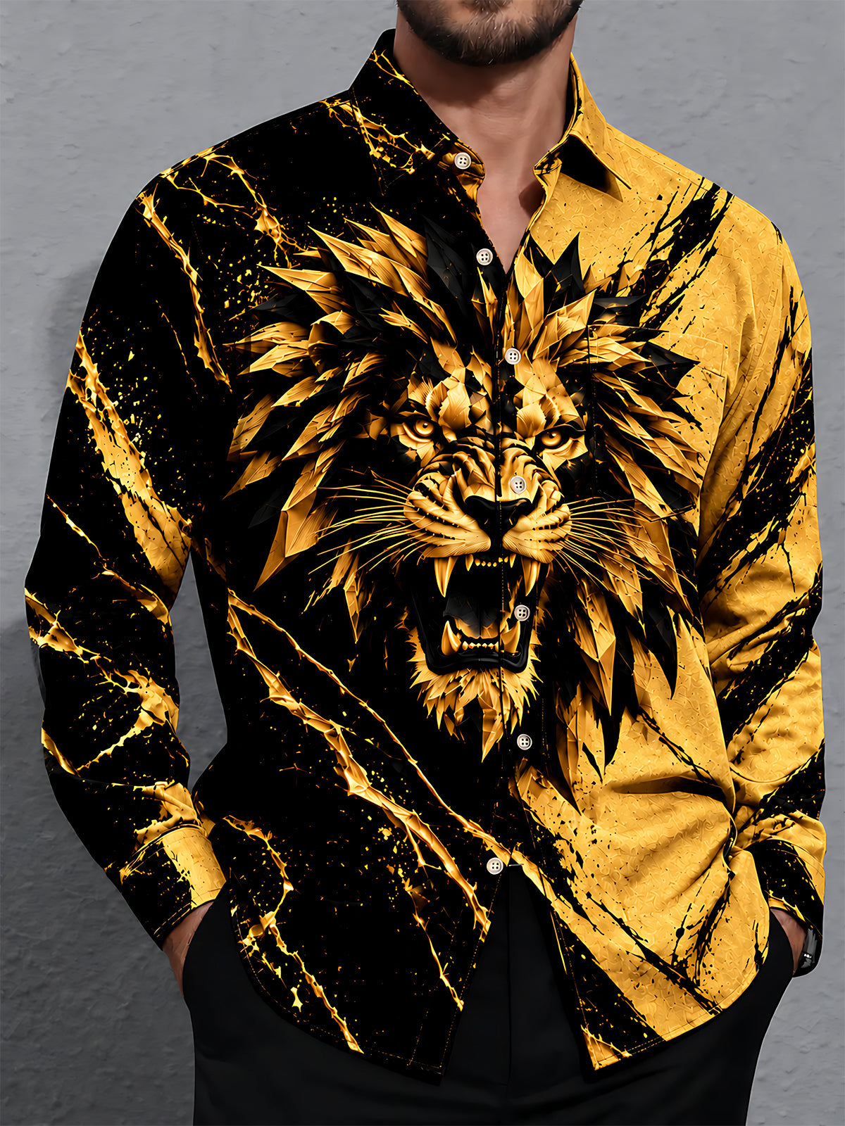 Adaychic Men's Graphic Geometric Lion Face Print Long Sleeve Shirt with Chest Pocket