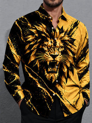 Adaychic Men's Graphic Geometric Lion Face Print Long Sleeve Shirt with Chest Pocket
