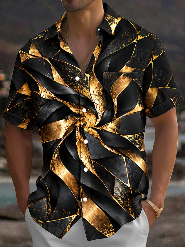 Adaychic Men's Short Sleeve Shirt - Abstract Geometric Swirl With Gold And Black Textures Print with Chest Pocket