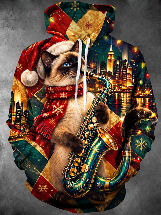 Adaychic Men's Graphic Christmas Cat Playing Saxophone Print Long Sleeve Hoodie