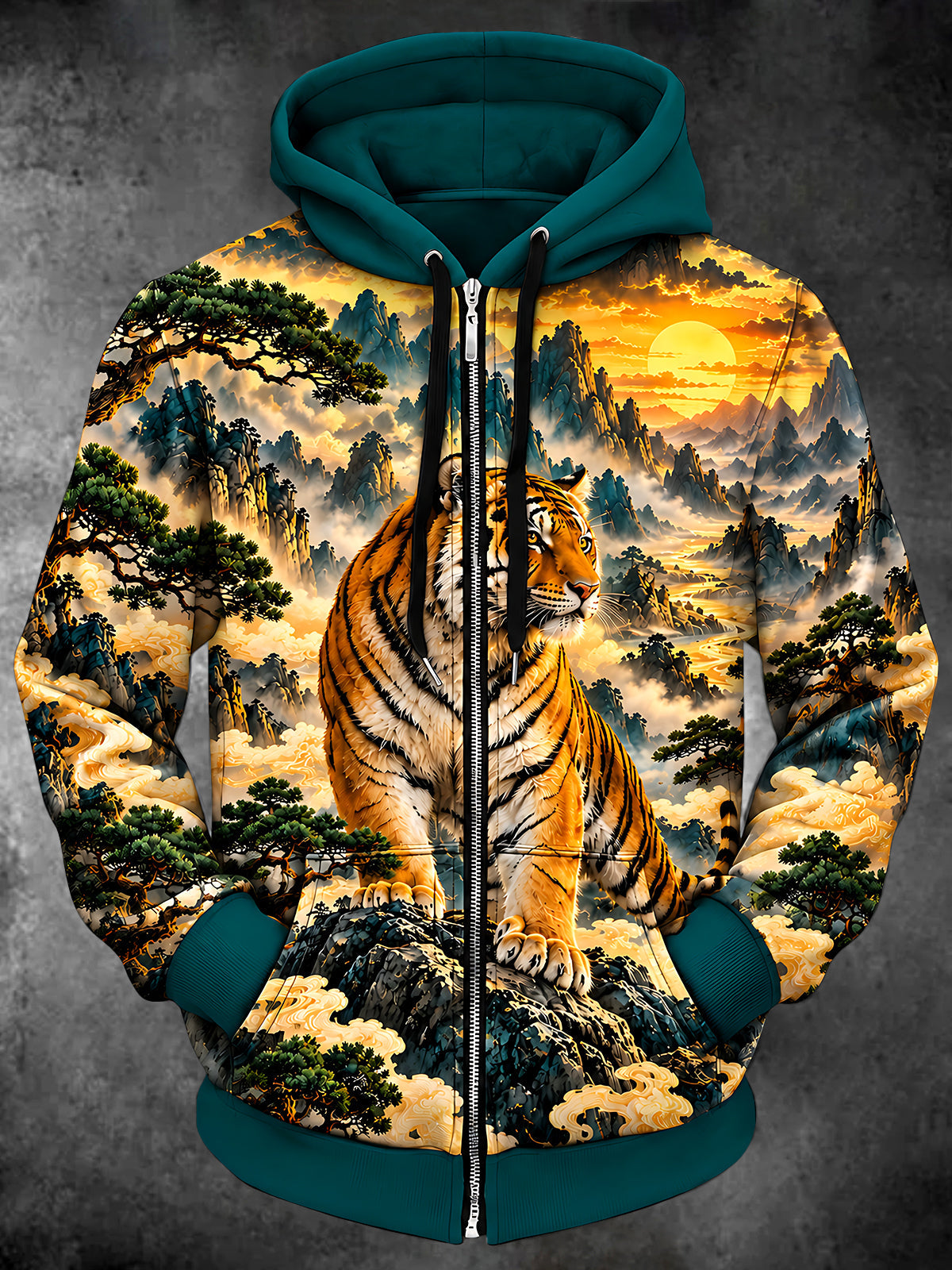 Adaychic Men's Tiger In Mountain Landscape Print Long Sleeve Zip-Up Hoodie