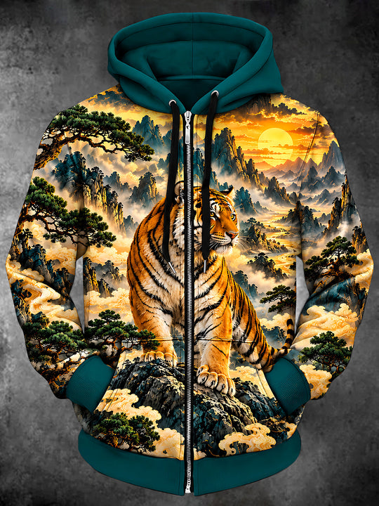 Adaychic Men's Tiger In Mountain Landscape Print Long Sleeve Zip-Up Hoodie