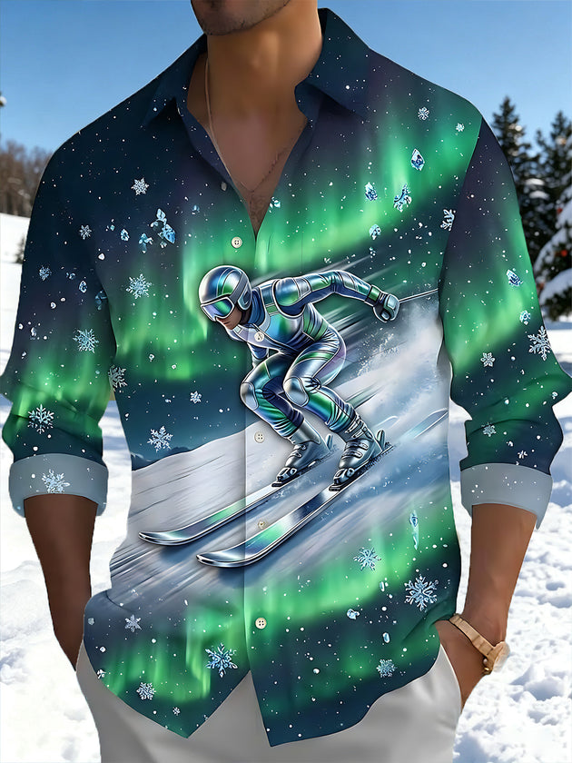 Adaychic Men's Skiing Person And Snowflakes Print Long Sleeve Shirt with Chest Pocket