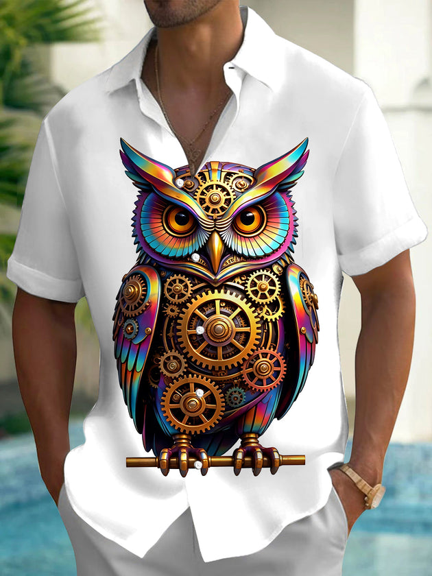 Adaychic Men's Colorful Steampunk Owl With Gears Print Short Sleeve Shirt with Chest Pocket