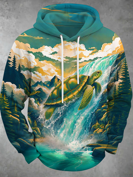 Adaychic Men's Sea Turtle And Waterfall Landscape Print Long Sleeve Hoodie