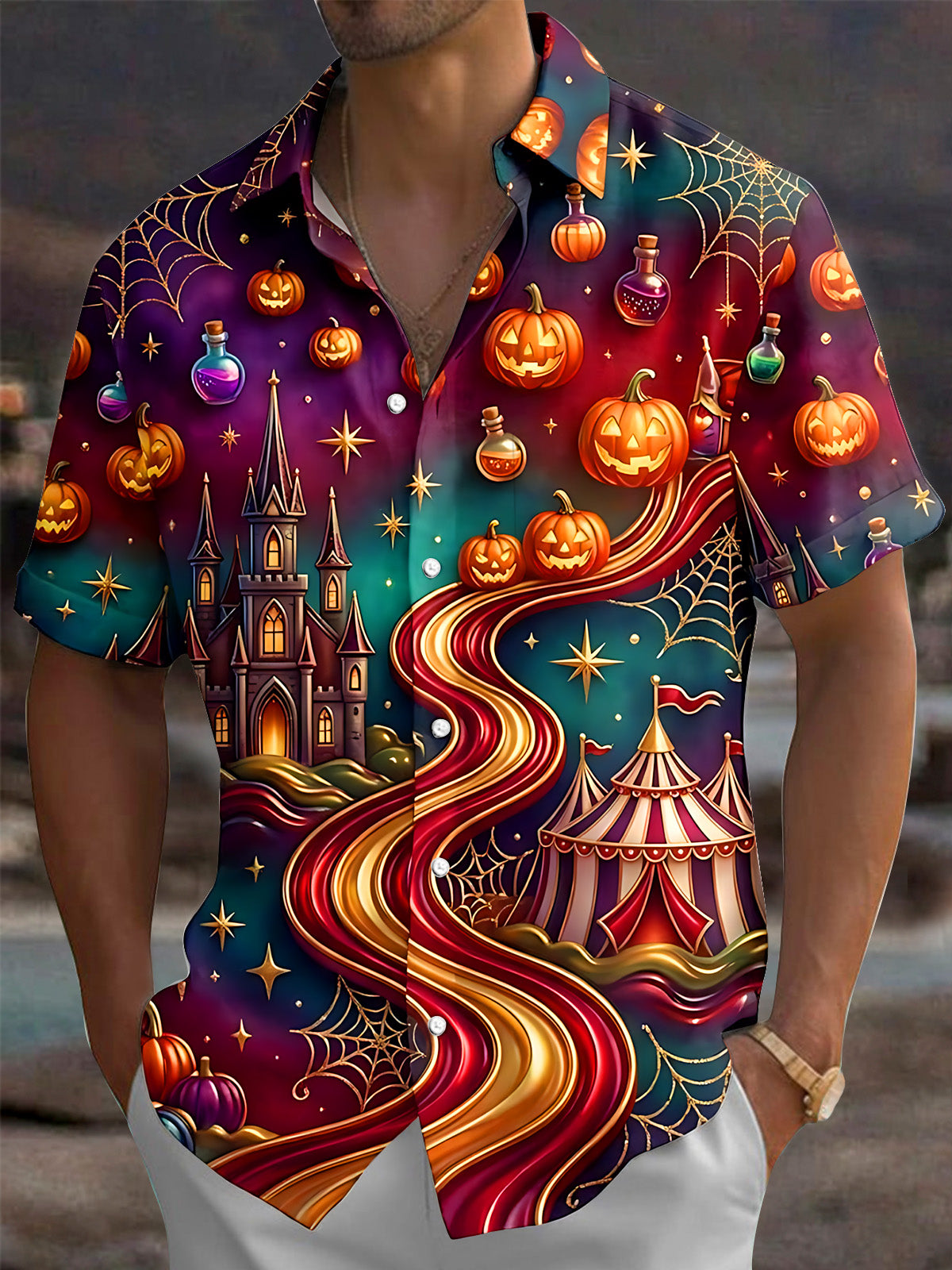 Adaychic Men's Halloween Castle And Circus Tent Print Short Sleeve Shirt with Chest Pocket