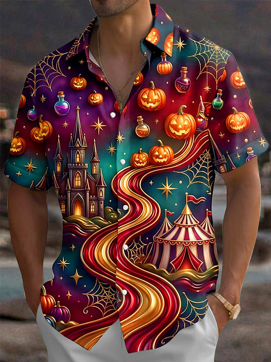 Adaychic Men's Halloween Castle And Circus Tent Print Short Sleeve Shirt with Chest Pocket