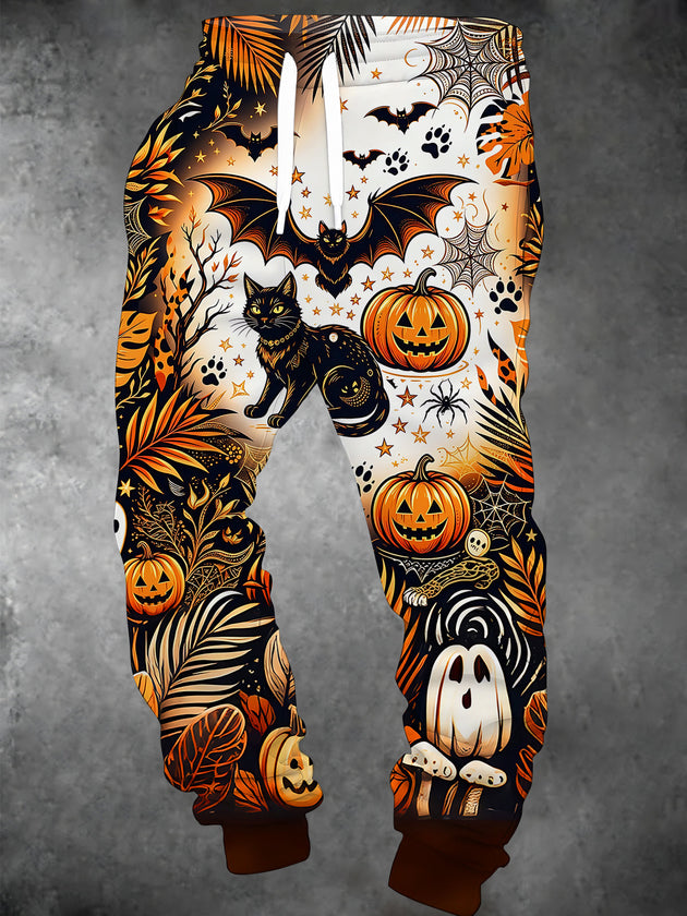 Adaychic Men's Graphic Halloween Black Cats And Pumpkins Print Pants