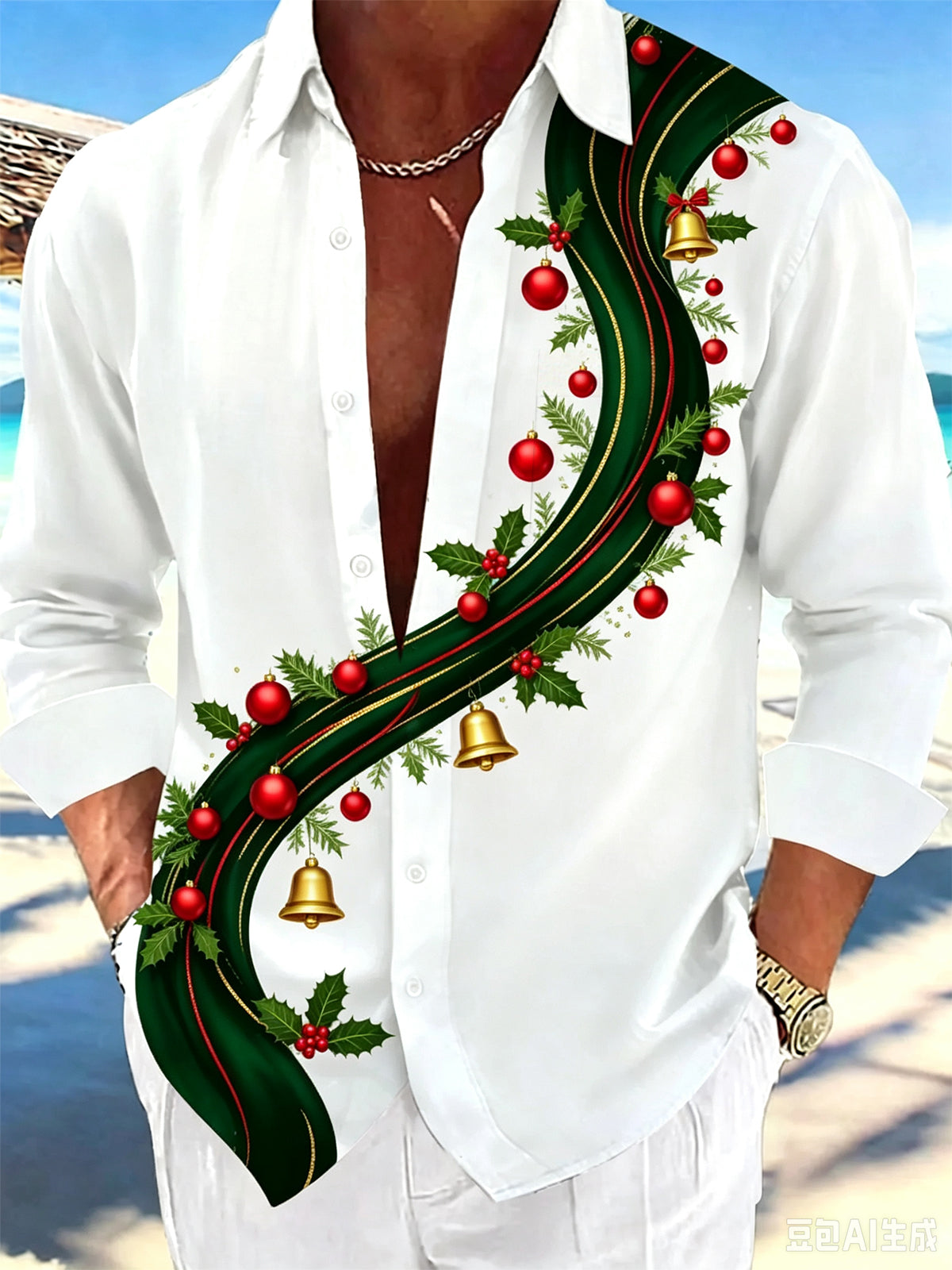Adaychic Men's Long Sleeve Shirt - Christmas Ribbon With Bells And Ornaments Print with Chest Pocket