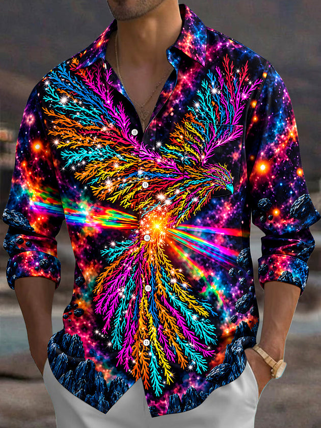 Adaychic Men's Psychedelic Eagle And Galaxy Background Print Long Sleeve Shirt with Chest Pocket