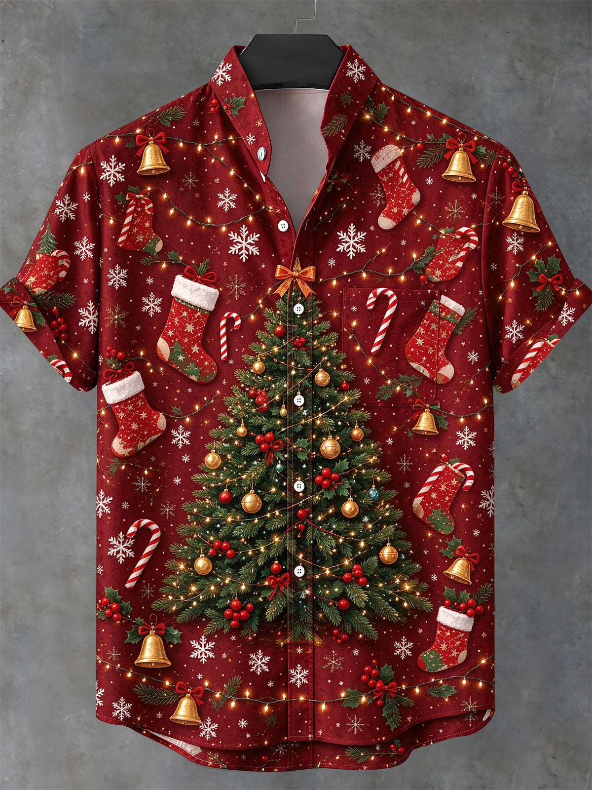 Adaychic Men's Short Sleeve Stand Collar Shirt - Christmas Tree With Lights And Ornaments Print with Chest Pocket