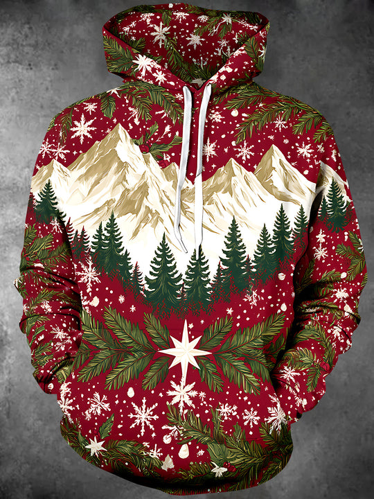 Adaychic Men's Long Sleeve Hoodie - Christmas Mountain Landscape With Pine Trees And Snowflakes Print