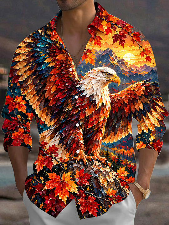 Adaychic Men's Bald Eagle And Autumn Maple Leaves Print Long Sleeve Shirt with Chest Pocket