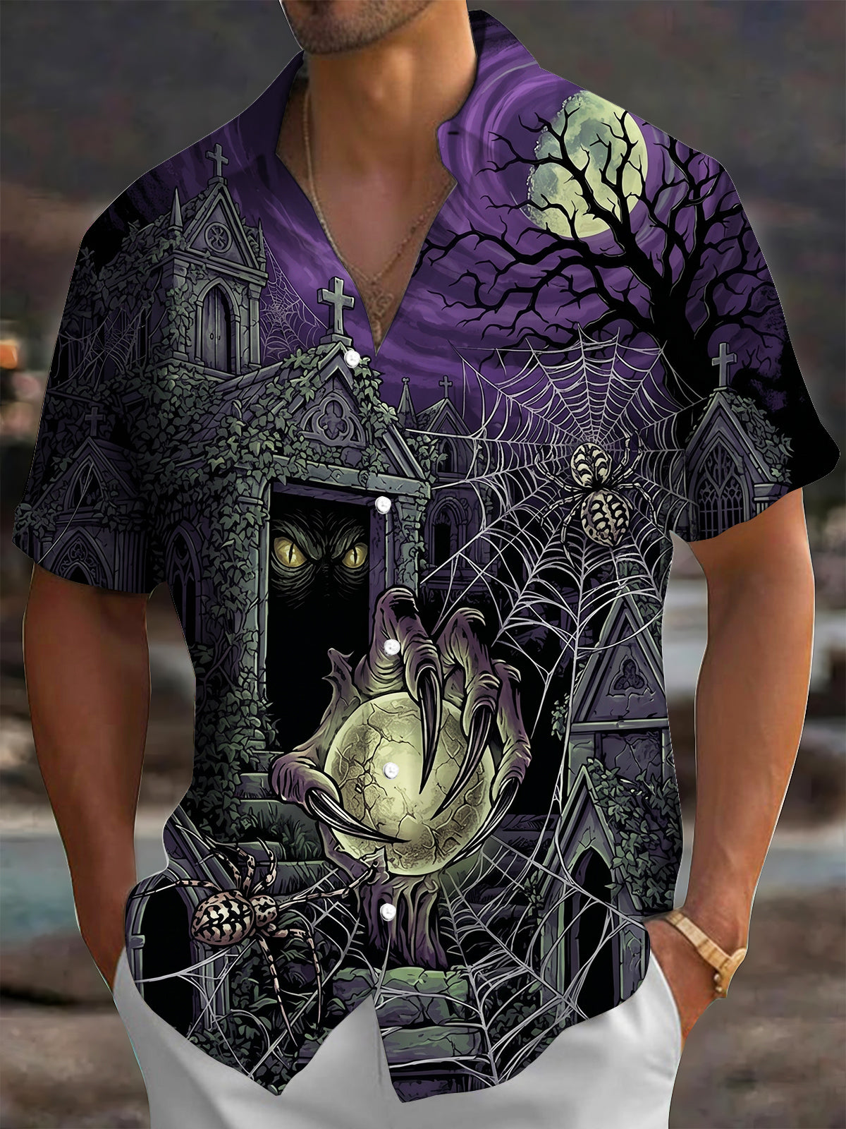 Adaychic Men's Short Sleeve Shirt - Halloween Gothic Graveyard With Ghost Claw And Spider Print with Chest Pocket