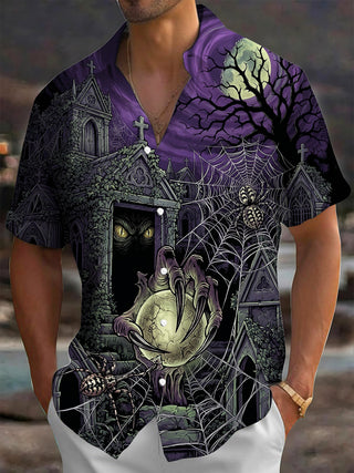 Adaychic Men's Short Sleeve Shirt - Halloween Gothic Graveyard With Ghost Claw And Spider Print with Chest Pocket