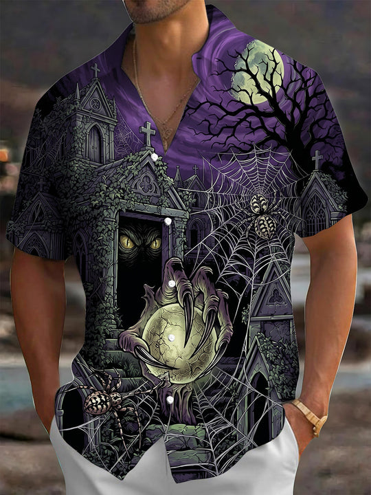 Adaychic Men's Short Sleeve Shirt - Halloween Gothic Graveyard With Ghost Claw And Spider Print with Chest Pocket