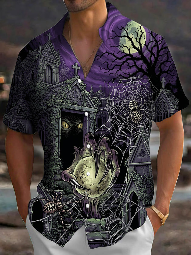 Adaychic Men's Short Sleeve Shirt - Halloween Gothic Graveyard With Ghost Claw And Spider Print with Chest Pocket