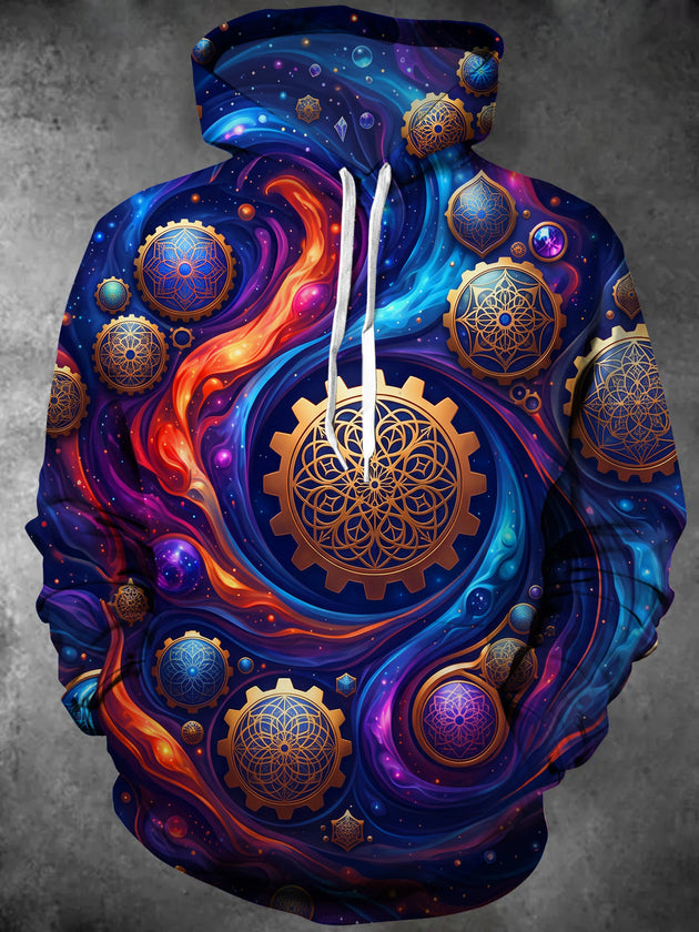 Adaychic Men's Cosmic Gears And Mandala Patterns Print Long Sleeve Hoodie