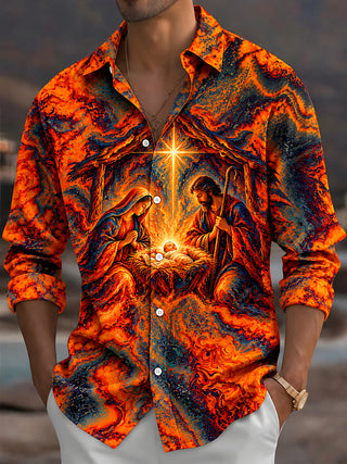 Adaychic Men's Long Sleeve Shirt - Nativity Scene With Holy Family And Star Of Bethlehem Print with Chest Pocket