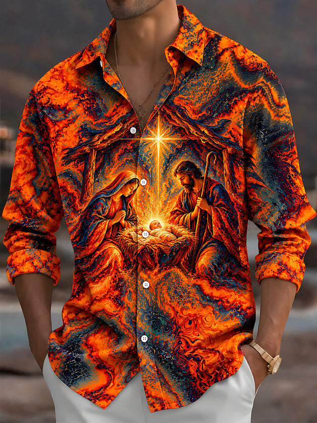 Adaychic Men's Long Sleeve Shirt - Nativity Scene With Holy Family And Star Of Bethlehem Print with Chest Pocket