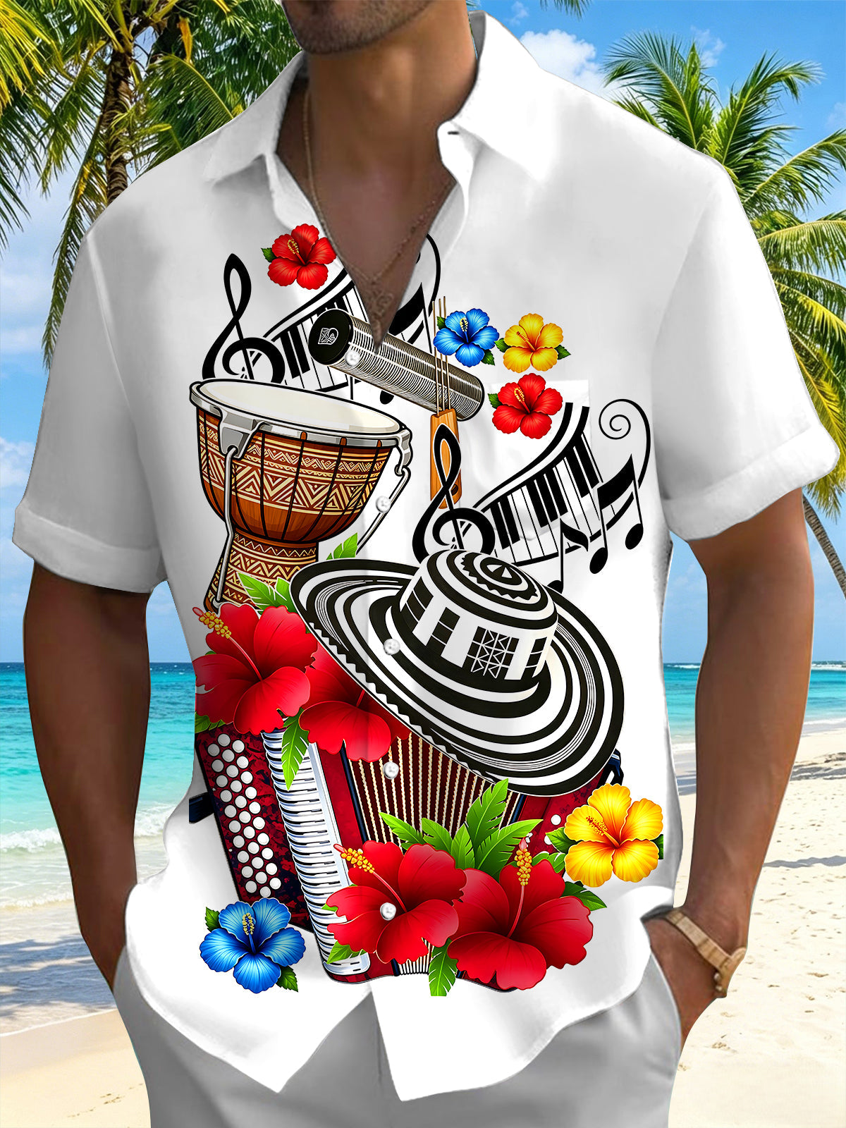 Adaychic Men's Short Sleeve Shirt - Musical Instruments And Tropical Flowers Print with Chest Pocket