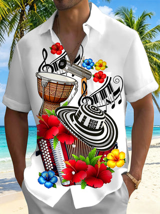Adaychic Men's Short Sleeve Shirt - Musical Instruments And Tropical Flowers Print with Chest Pocket