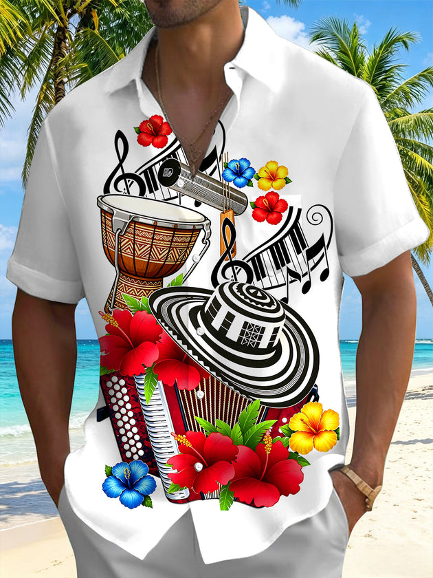 Adaychic Men's Short Sleeve Shirt - Musical Instruments And Tropical Flowers Print with Chest Pocket