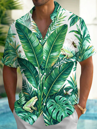 Adaychic Men's Hawaiian Tropical Leaves And Frogs Print Short Sleeve Shirt with Chest Pocket
