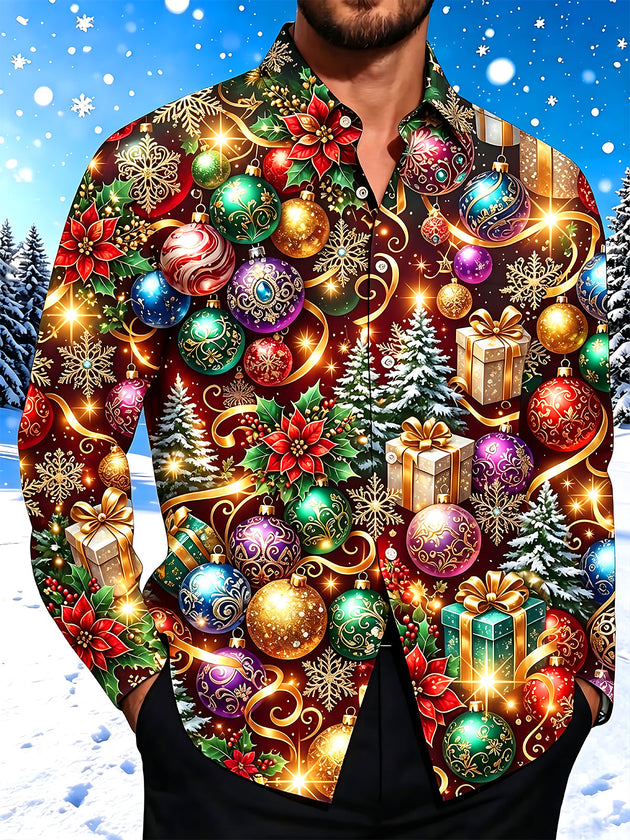 Adaychic Men's Printed Christmas Ornaments And Gifts Print Long Sleeve Shirt with Chest Pocket