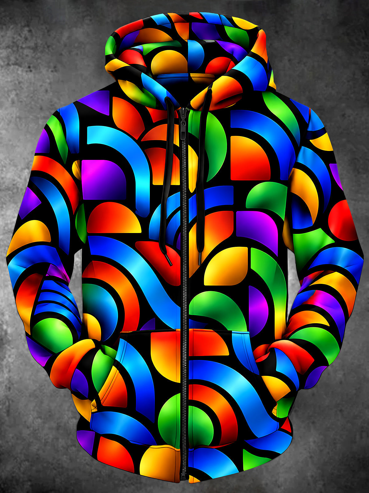 Adaychic Men's Neon Geometric Rainbow Arcs Print Long Sleeve Zip-Up Hoodie with Kangaroo Pocket