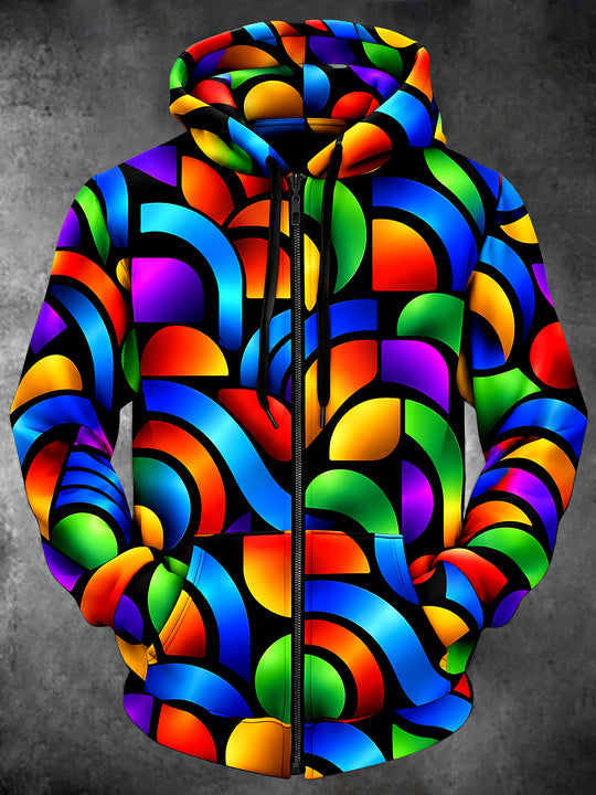 Adaychic Men's Neon Geometric Rainbow Arcs Print Long Sleeve Zip-Up Hoodie with Kangaroo Pocket