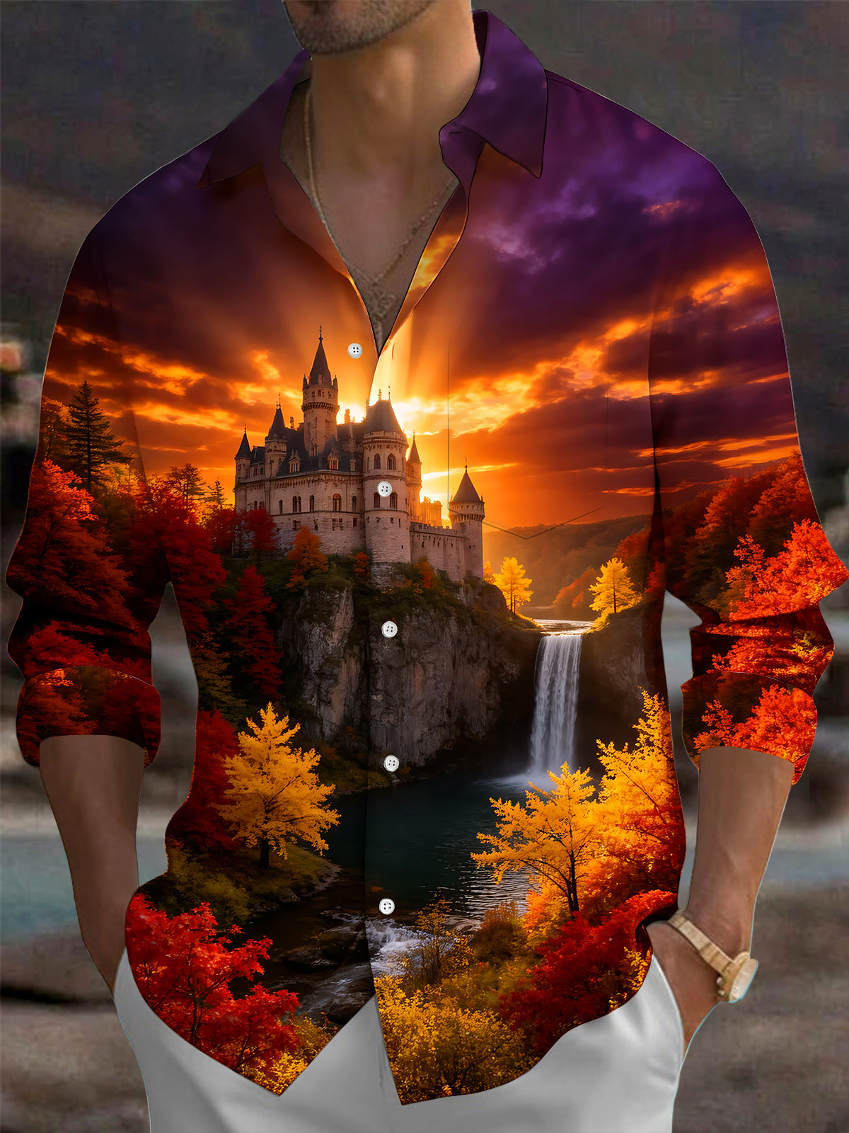 Adaychic Men's Printed Castle And Waterfall Landscape Print Long Sleeve Shirt with Chest Pocket
